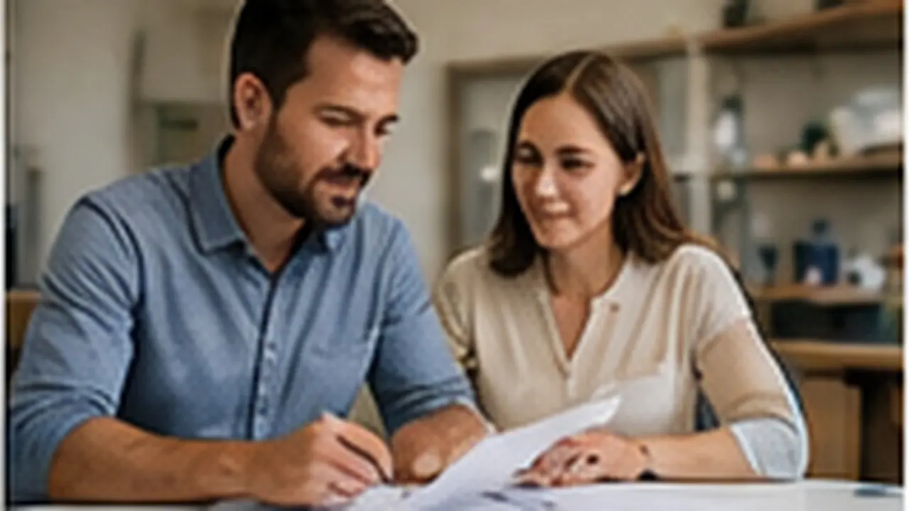 Business owner and bookkeeper reviewing a tax plan at their desk