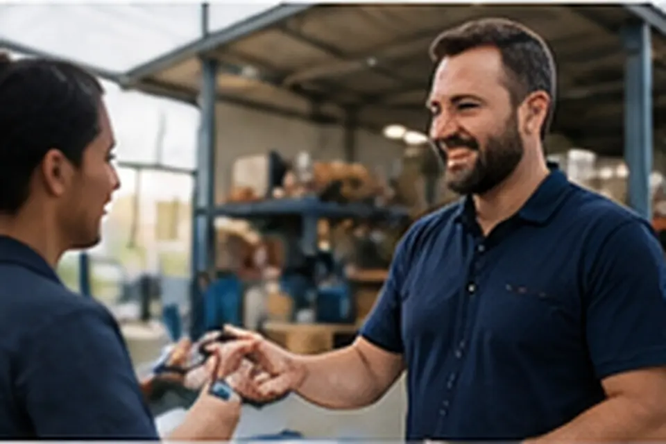 New owner shaking hands and receiving the keys to an established business