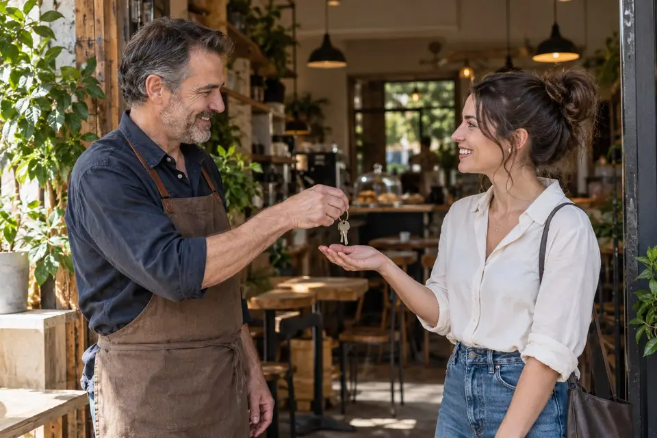 New owner shaking hands and receiving the keys to an established business