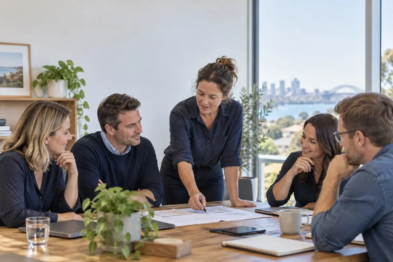 Business finance specialists reviewing a client scenario around a meeting table