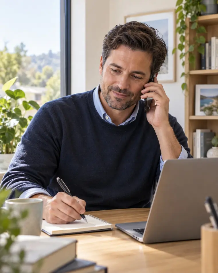 Business finance specialist taking notes during a phone call with a client