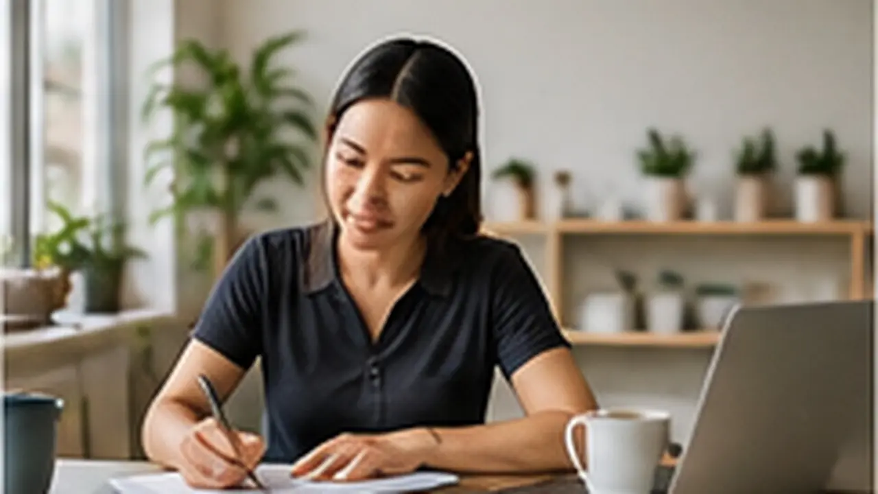 Business owner ticking off a loan documents checklist at her desk