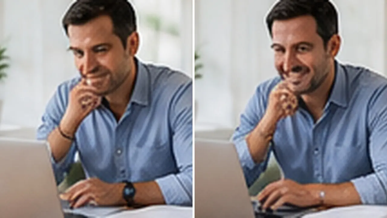 Two identical business owners at their laptops, one smiling at an approval