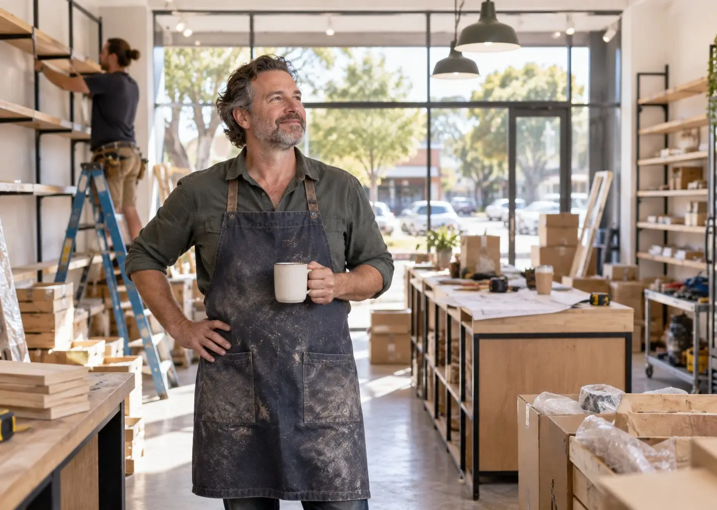 Business owner with a coffee in his newly fitted-out retail store