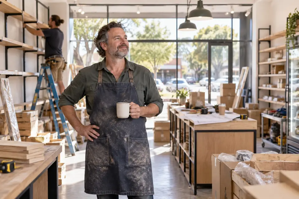 Business owner with a coffee in his newly fitted-out retail store