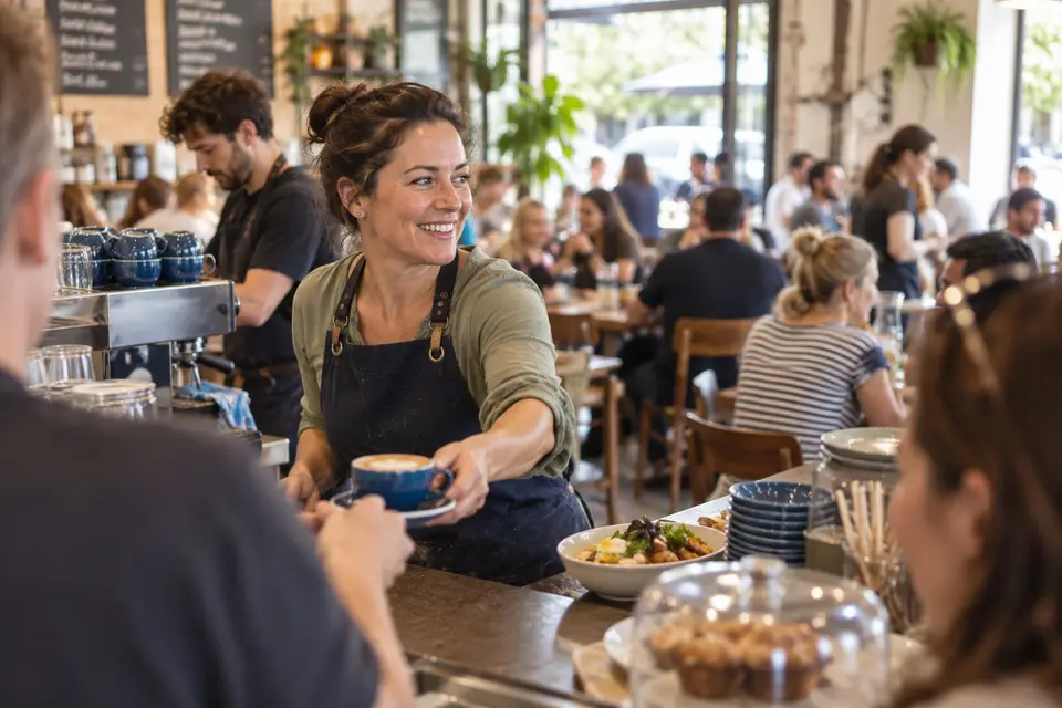 Cafe owner serving customers during a busy morning service