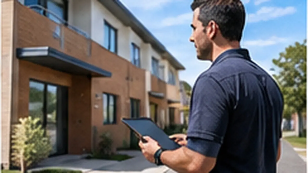 Property owner checking details on a tablet outside a townhouse development