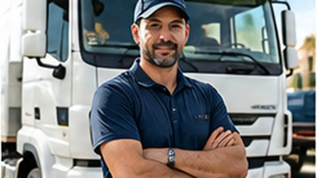 Transport business owner standing in front of his new truck