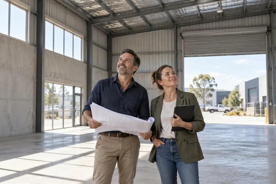 Business owners holding plans inside the warehouse they are buying