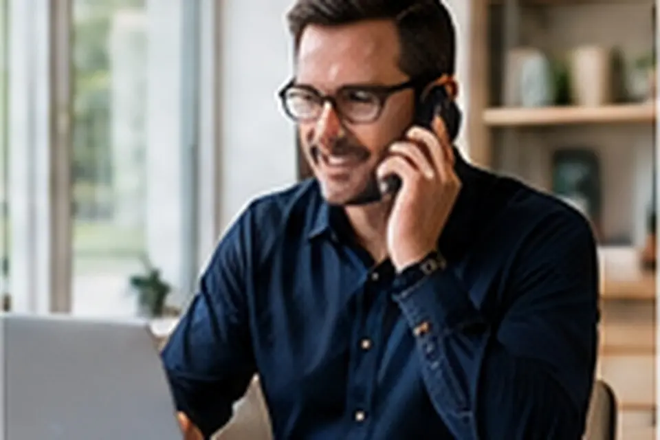 Business manager on the phone with a customer while working at his laptop