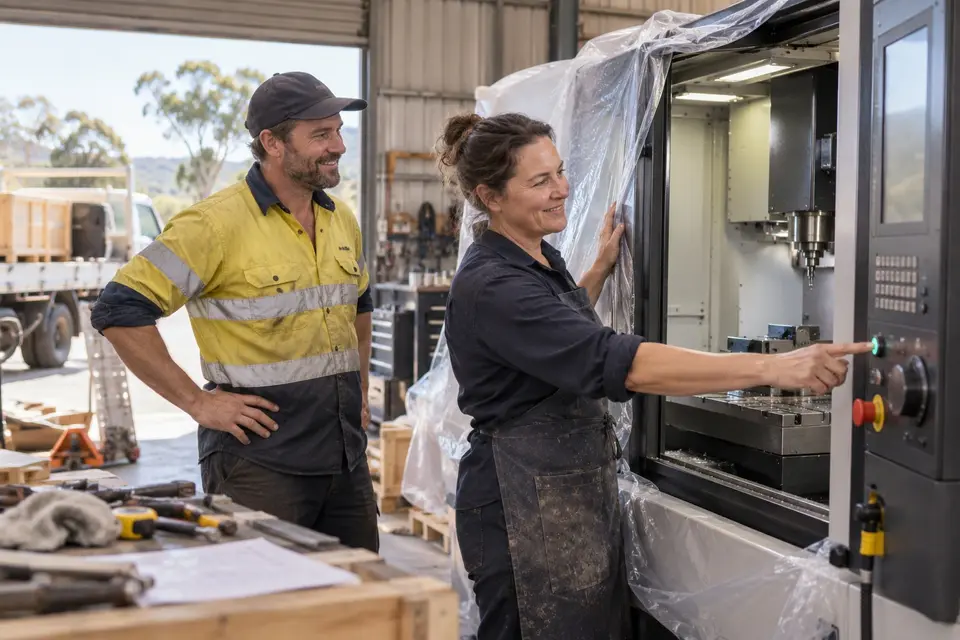 Business owners inspecting a newly delivered machine in their workshop