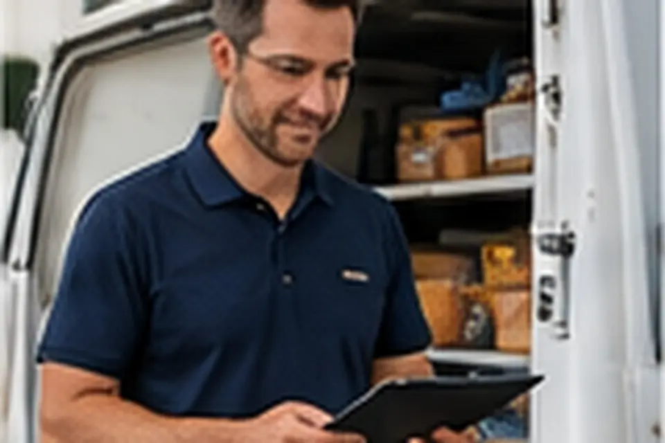 Courier business owner checking a delivery schedule on a tablet at his van