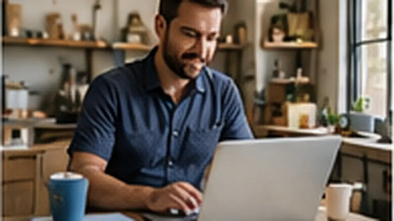 Business owner working through his accounts on a laptop in his shop office