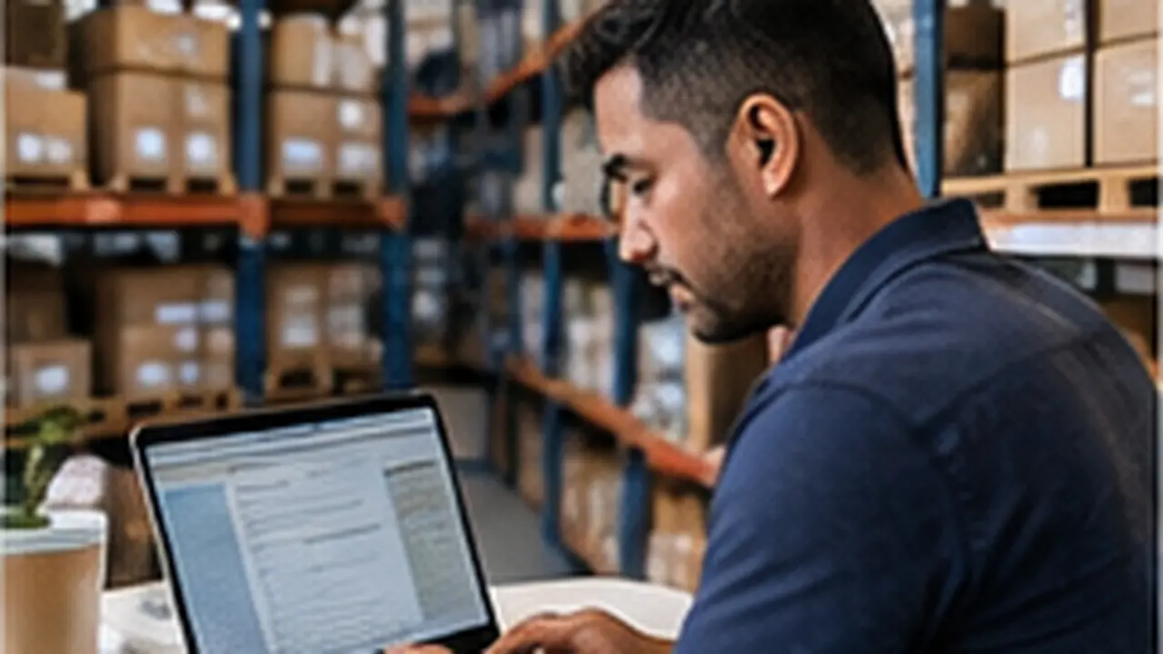 Warehouse business owner reviewing outstanding invoices on his laptop