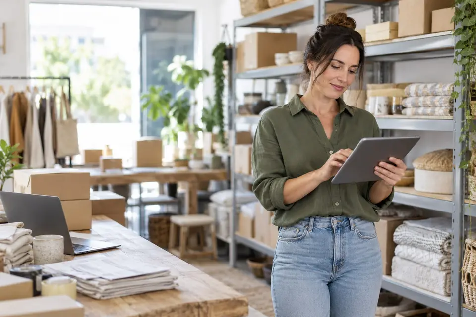 Business owner checking invoices on a tablet in her shop