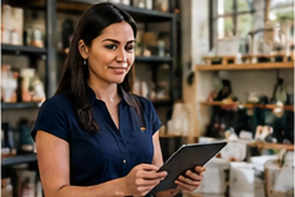 Business owner checking invoices on a tablet in her shop