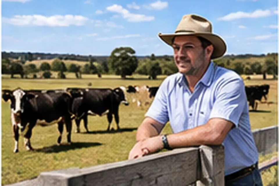 Farmer leaning on a fence beside his cattle on a sunny day