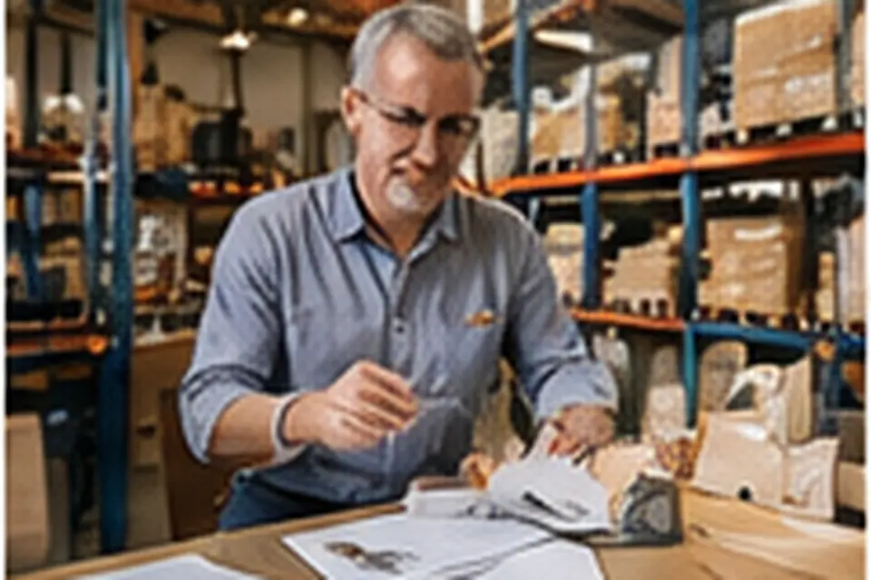 Business owner organising loan paperwork at his warehouse desk