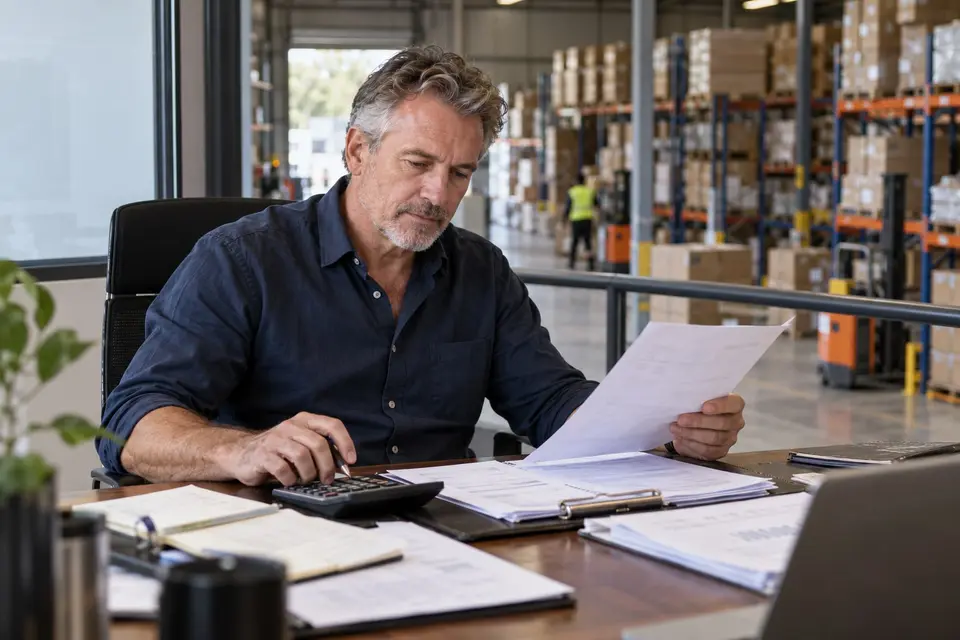 Business owner organising loan paperwork at his warehouse desk