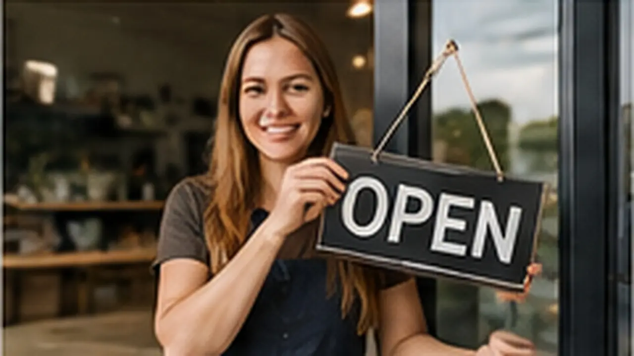 Shop owner turning her sign to open at the start of the day