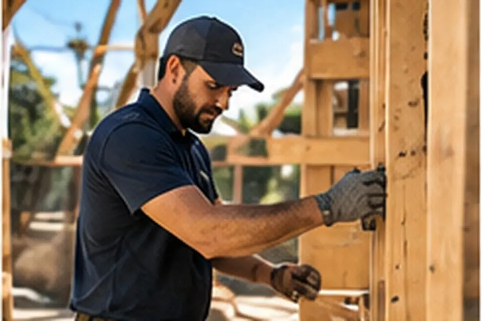 Builder working on the timber frame of a new building