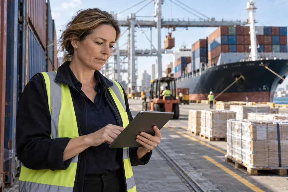 Importer checking a shipment on a tablet in front of shipping containers