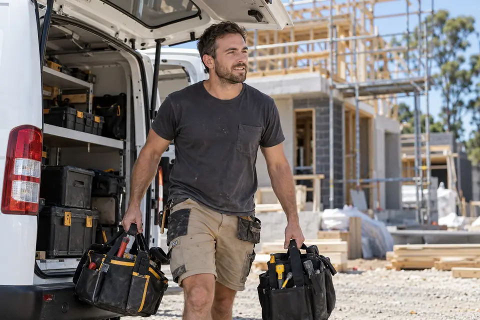 Tradie walking to his new work van carrying his tool bags