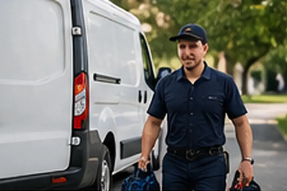 Tradie walking to his new work van carrying his tool bags