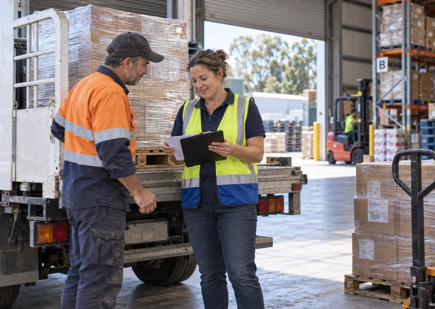 Warehouse manager and driver checking a stock delivery beside a truck