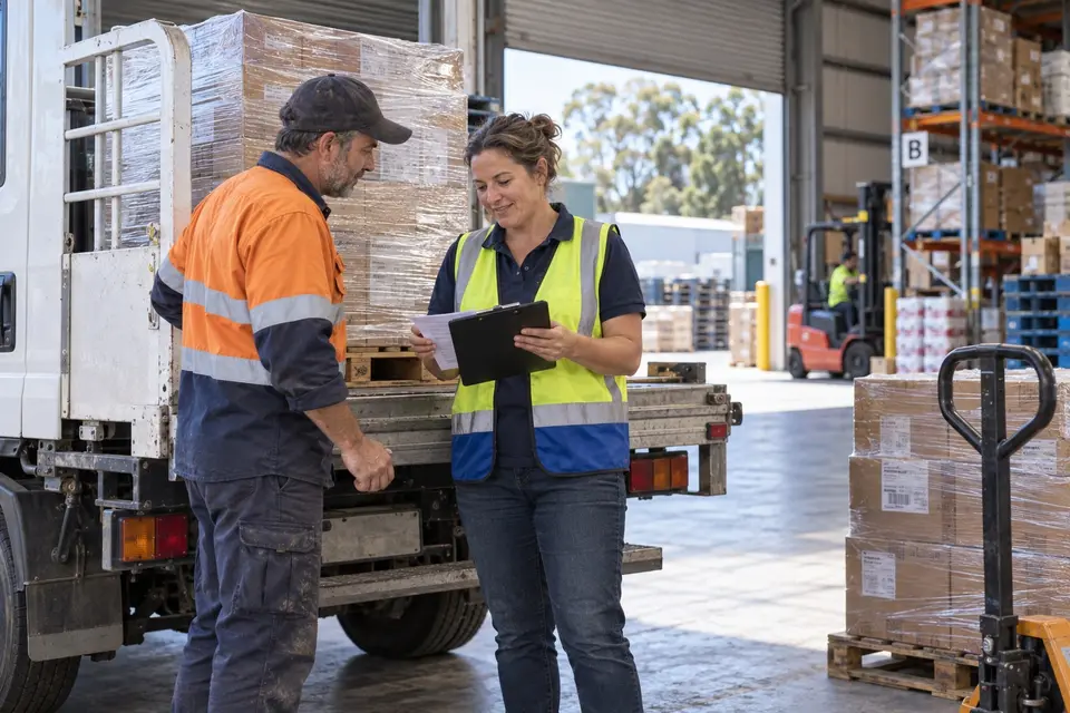 Warehouse manager and driver checking a stock delivery beside a truck